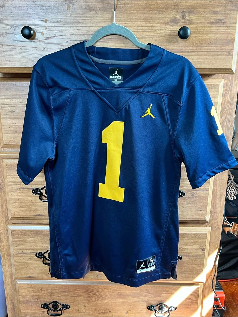 Jordan Navy and Yellow Football Jersey with Number 1